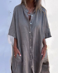 Vestido Camisero de Lino con Botones Largo para Mujer