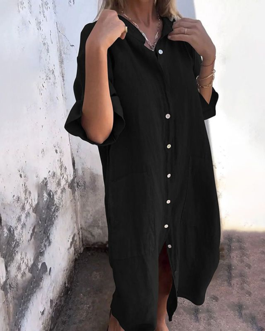 Vestido Camisero de Lino con Botones Largo para Mujer