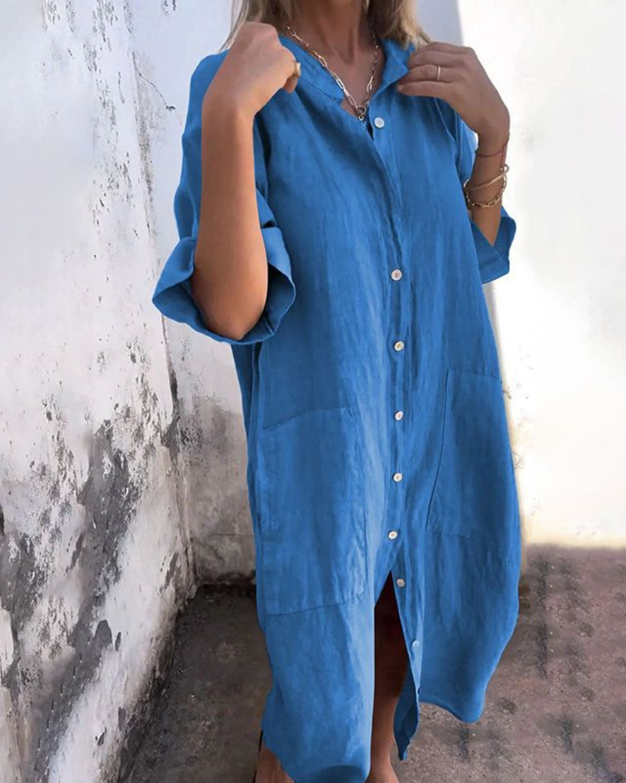 Vestido Camisero de Lino con Botones Largo para Mujer