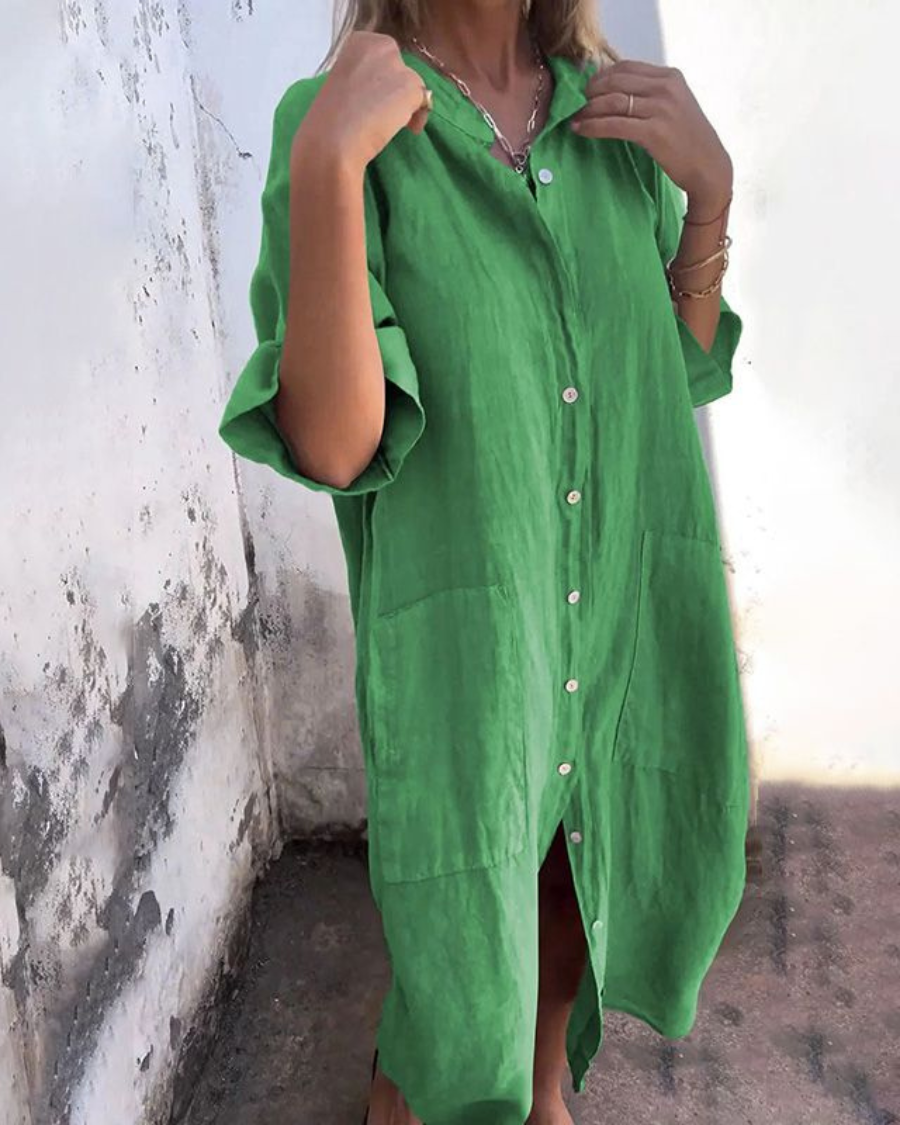Vestido Camisero de Lino con Botones Largo para Mujer