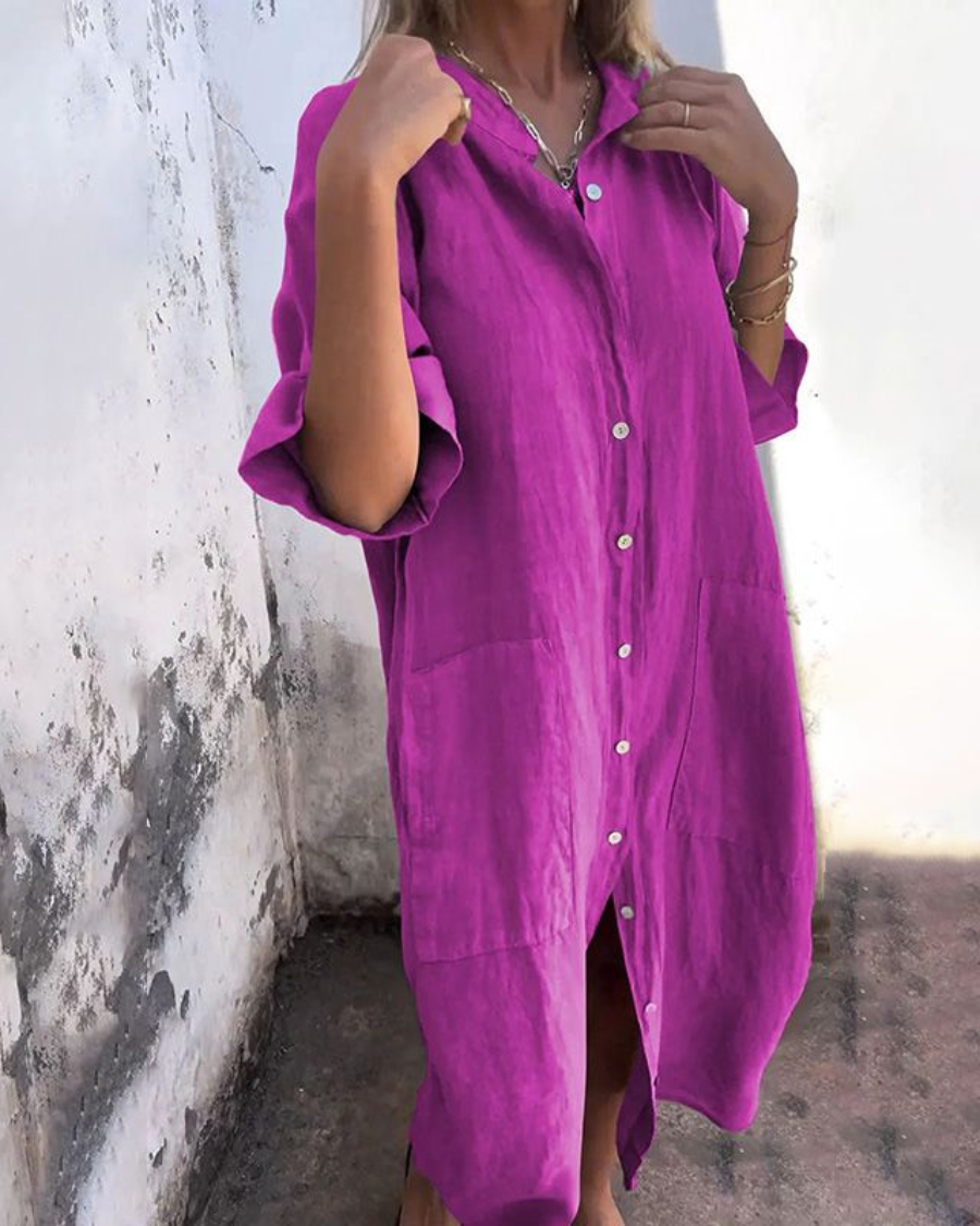 Vestido Camisero de Lino con Botones Largo para Mujer