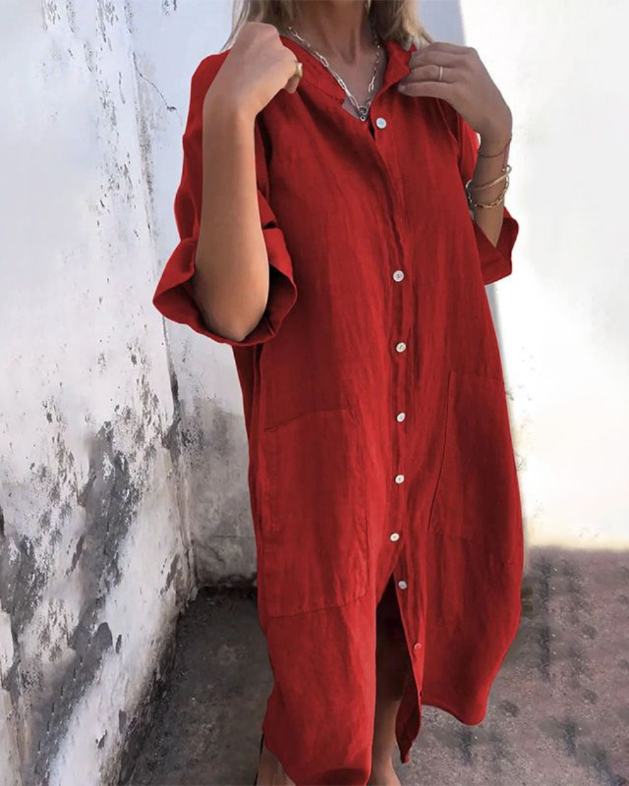 Vestido Camisero de Lino con Botones Largo para Mujer