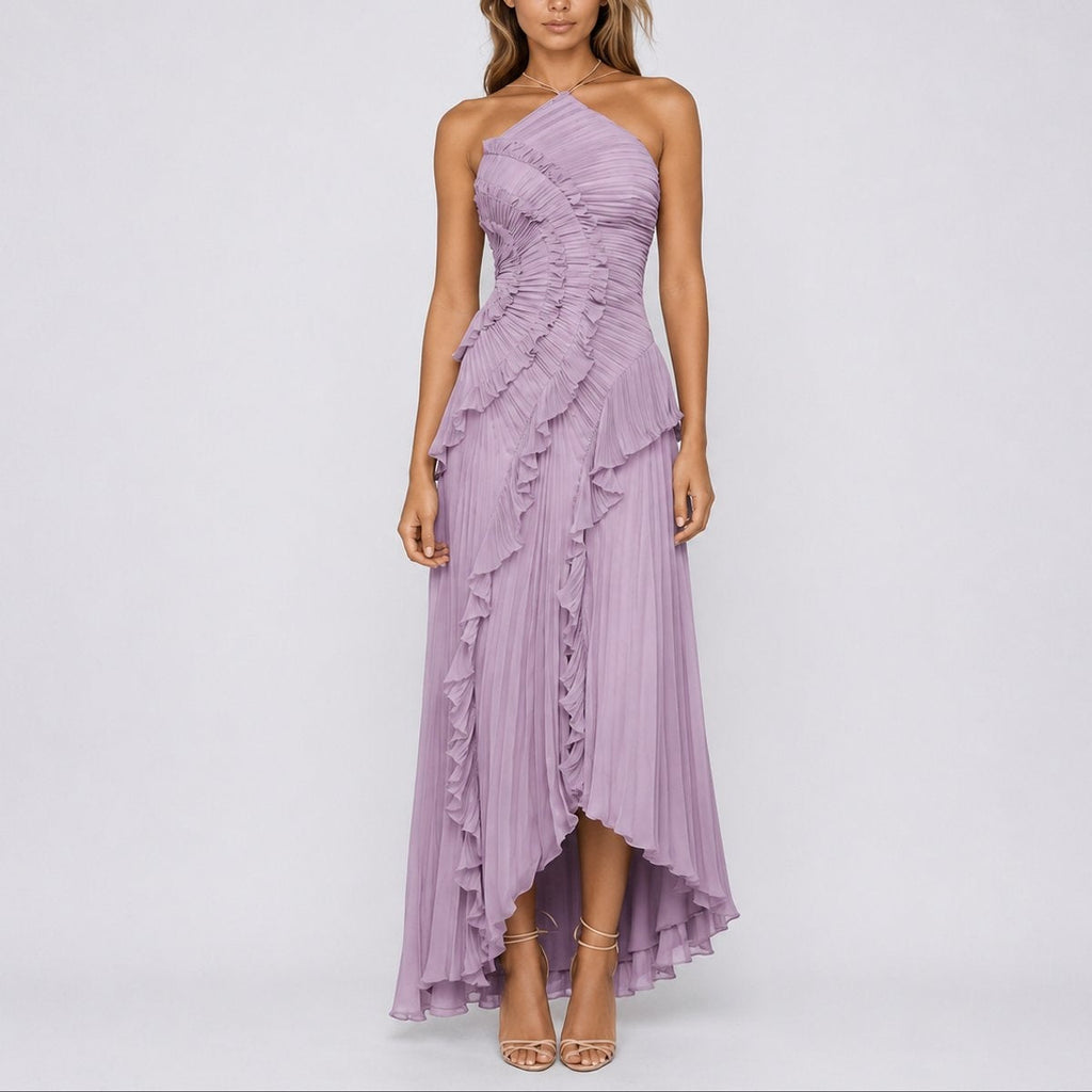 Vestido de Invitada de Otoño Plisado con Volantes y Cuello Halter