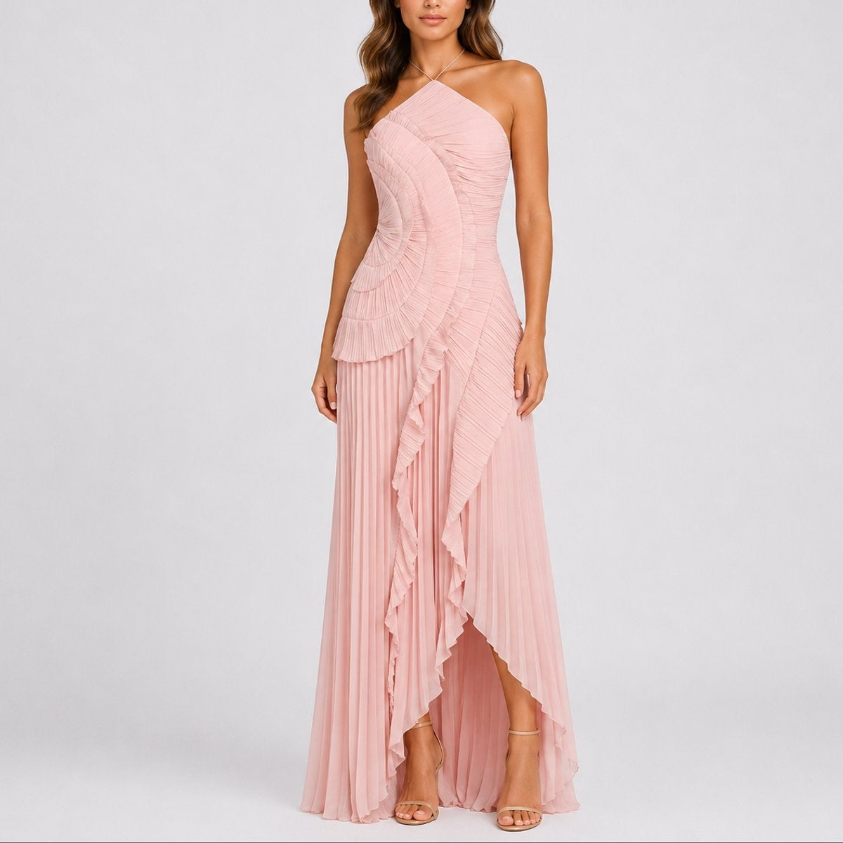 Vestido de Invitada de Otoño Plisado con Volantes y Cuello Halter
