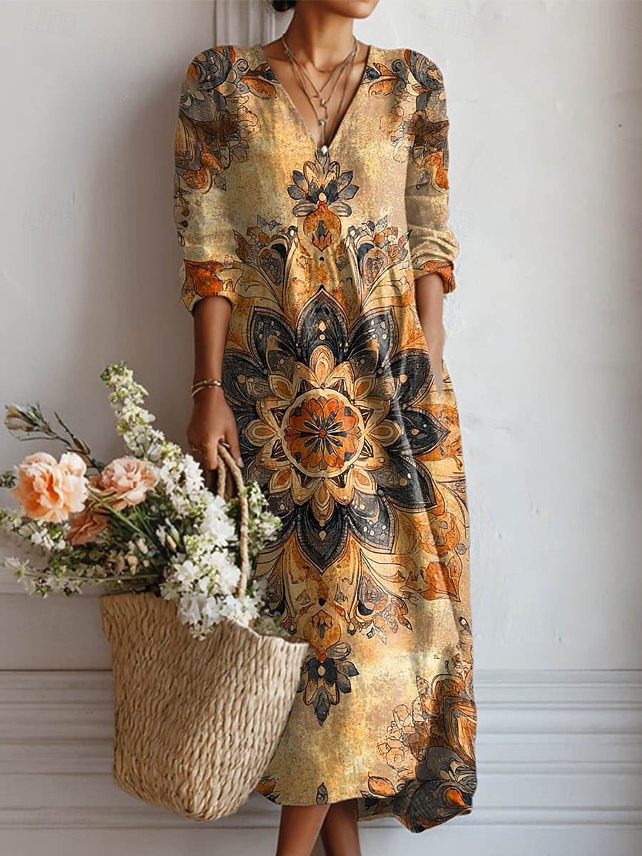 Vestido Boho de Lino Estampado Midi para Mujer