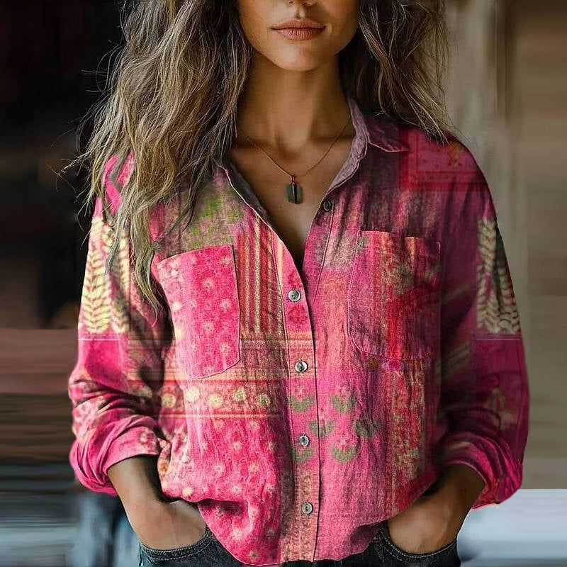 Paisley Real | Camisa de Manga Larga Estampada Mujer Botones Cuello Solapa