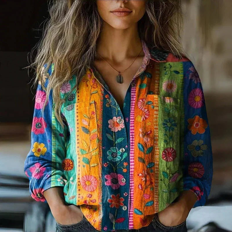 Paisley Real | Camisa de Manga Larga Estampada Mujer Botones Cuello Solapa