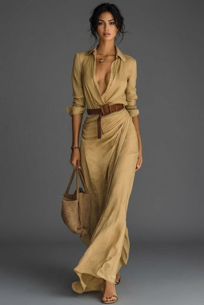 Vestido Largo Camisero con Cinturón y Escote Drapeado