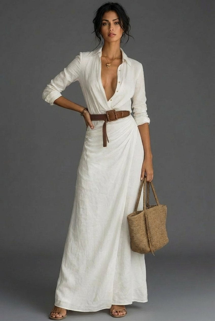Vestido Largo Camisero con Cinturón y Escote Drapeado