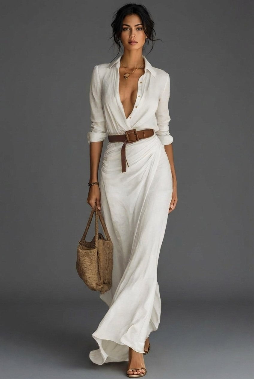Vestido Largo Camisero con Cinturón y Escote Drapeado