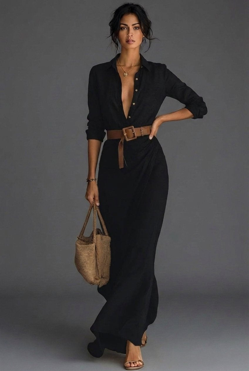 Vestido Largo Camisero con Cinturón y Escote Drapeado