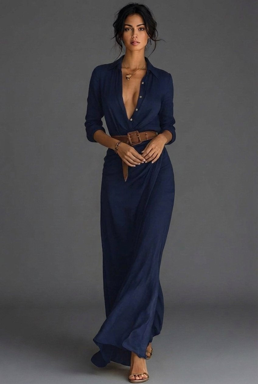 Vestido Largo Camisero con Cinturón y Escote Drapeado