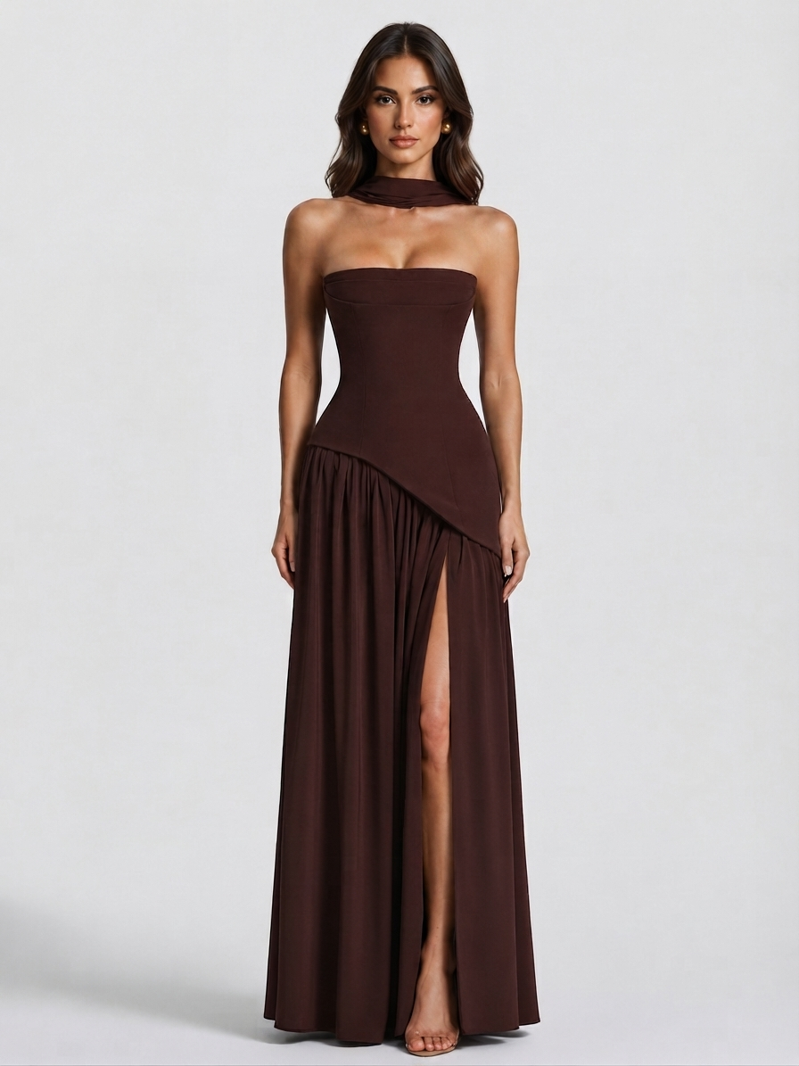 Vestido Largo de Noche Drapeado con Corsé y Abertura Lateral