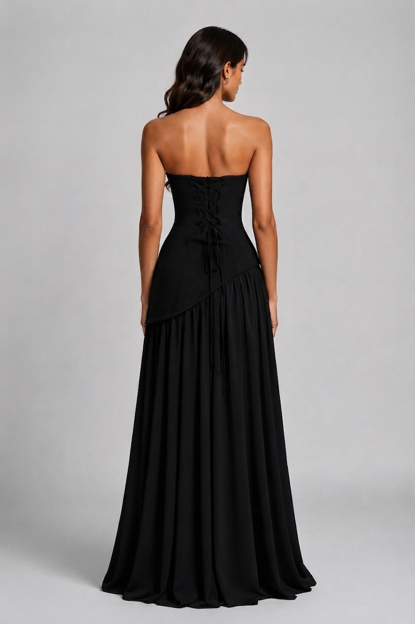 Vestido Largo de Noche Drapeado con Corsé y Abertura Lateral