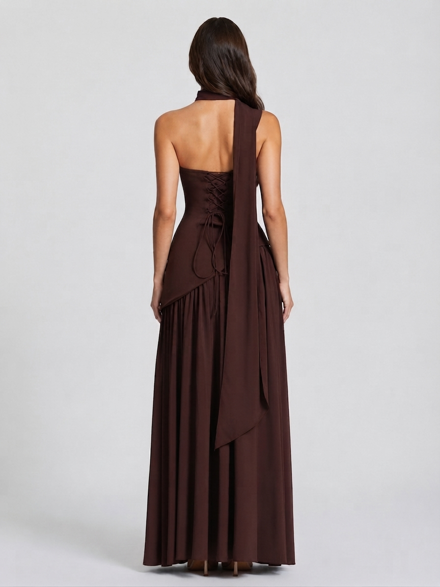 Vestido Largo de Noche Drapeado con Corsé y Abertura Lateral