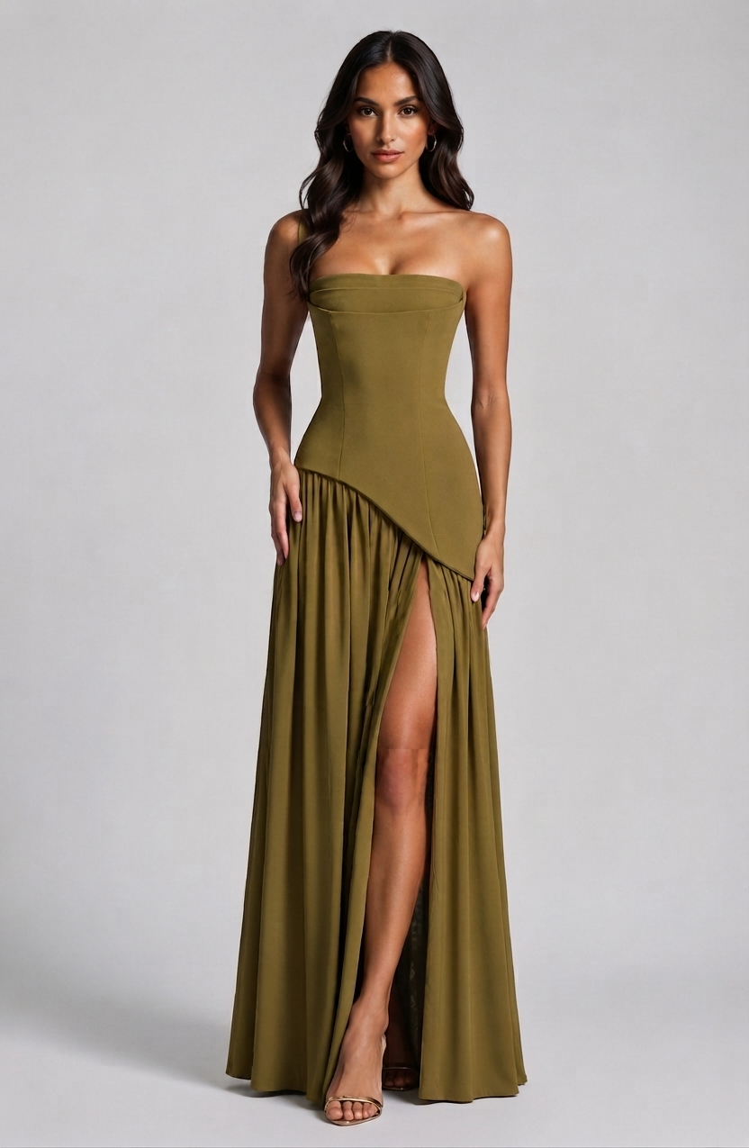 Vestido Largo de Noche Drapeado con Corsé y Abertura Lateral