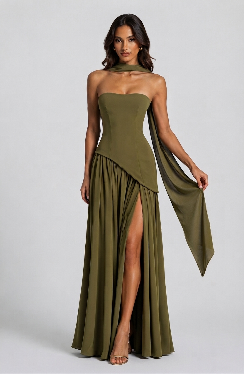 Vestido Largo de Noche Drapeado con Corsé y Abertura Lateral