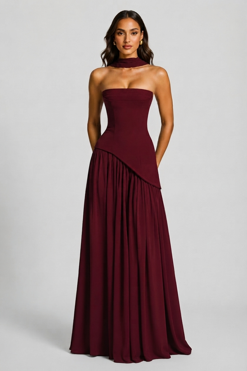 Vestido Largo de Noche Drapeado con Corsé y Abertura Lateral