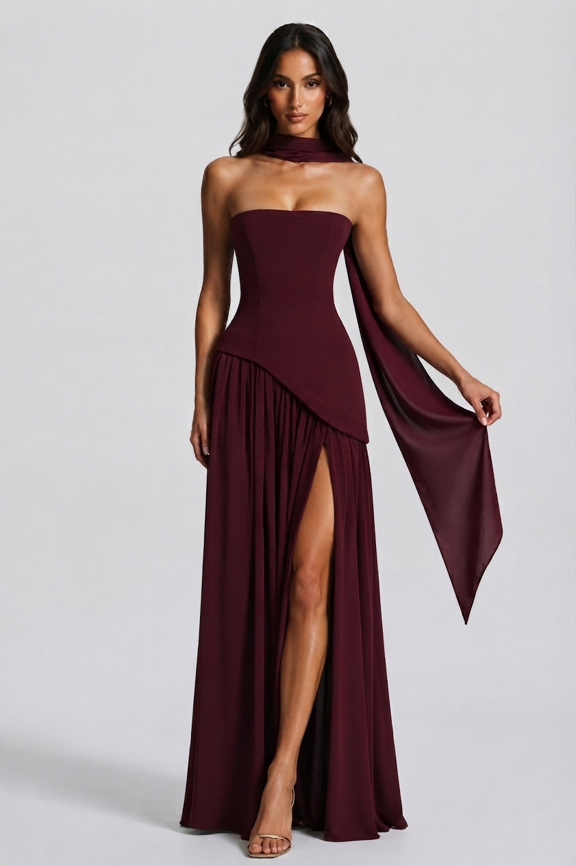 Vestido Largo de Noche Drapeado con Corsé y Abertura Lateral