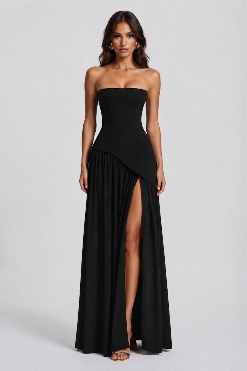 Vestido Largo de Noche Drapeado con Corsé y Abertura Lateral
