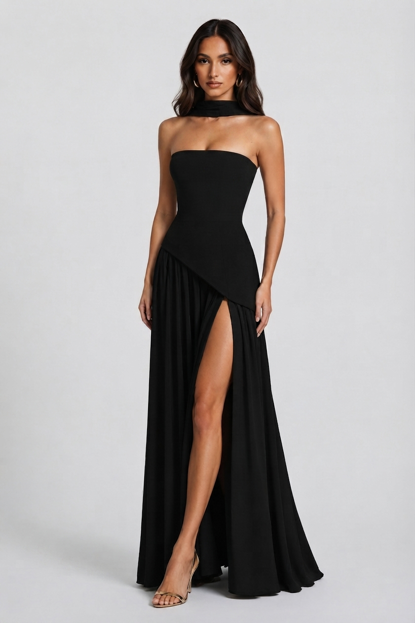 Vestido Largo de Noche Drapeado con Corsé y Abertura Lateral