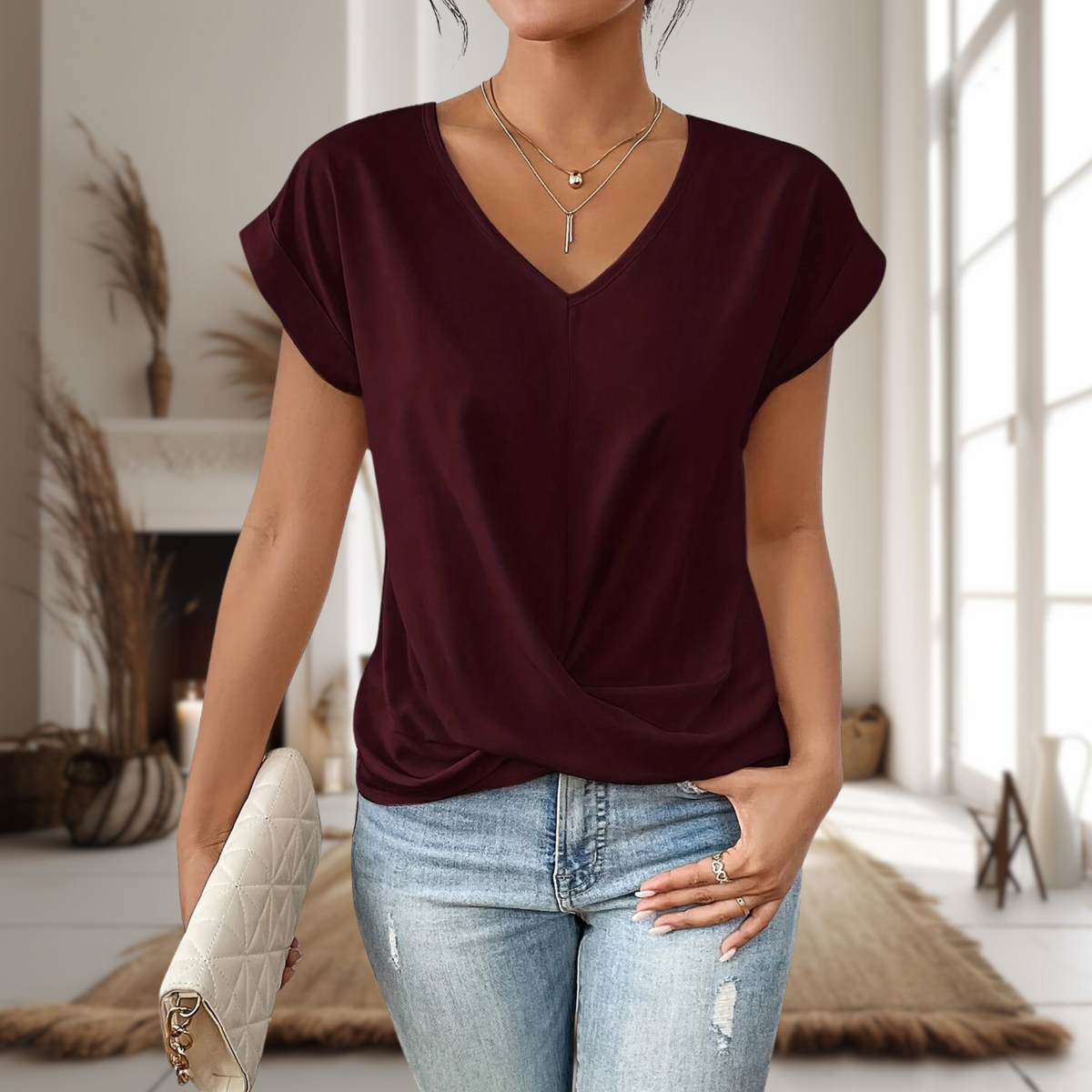 Cruzada Urbana | Blusa de Manga Corta Mujer Cuello en V Dobladillo Cruzado