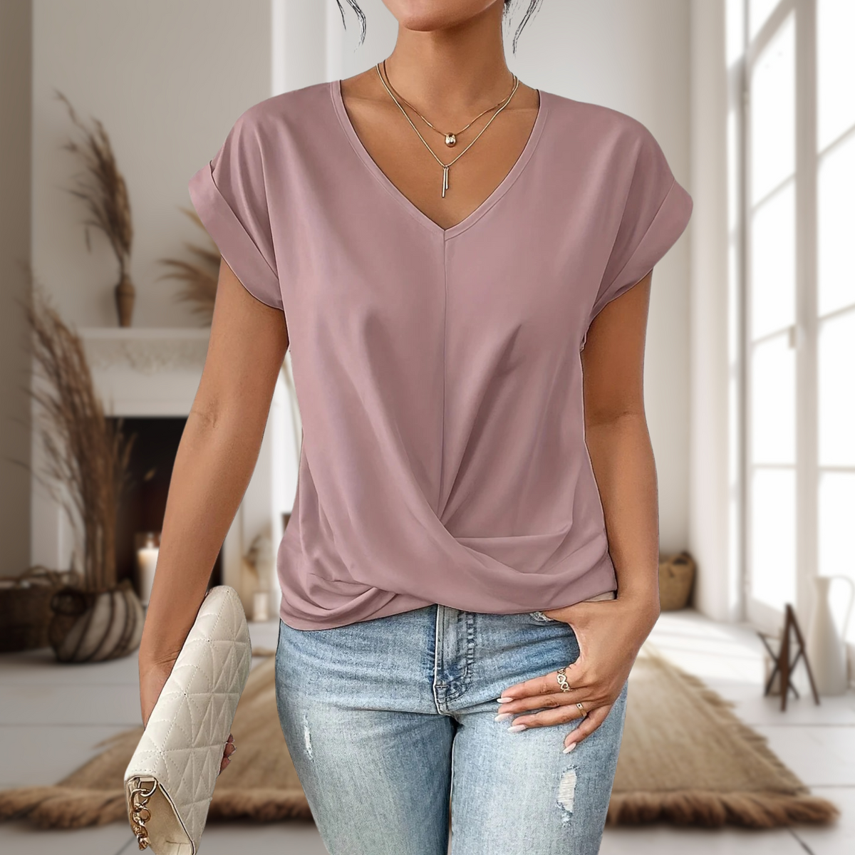 Cruzada Urbana | Blusa de Manga Corta Mujer Cuello en V Dobladillo Cruzado