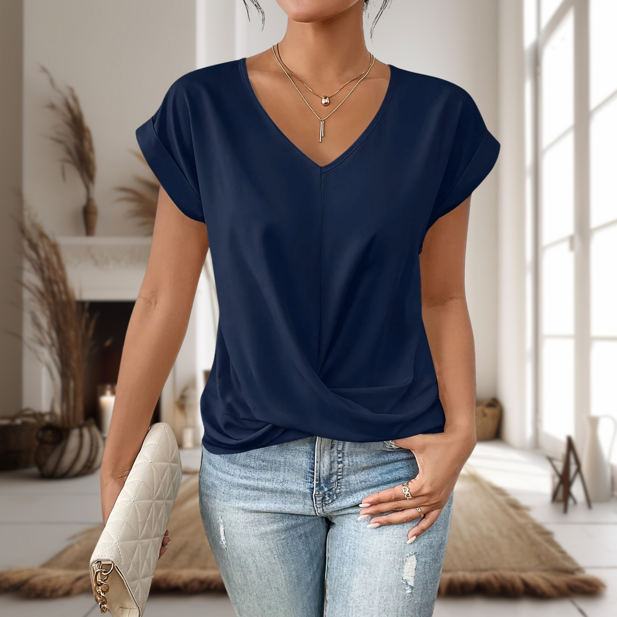 Cruzada Urbana | Blusa de Manga Corta Mujer Cuello en V Dobladillo Cruzado