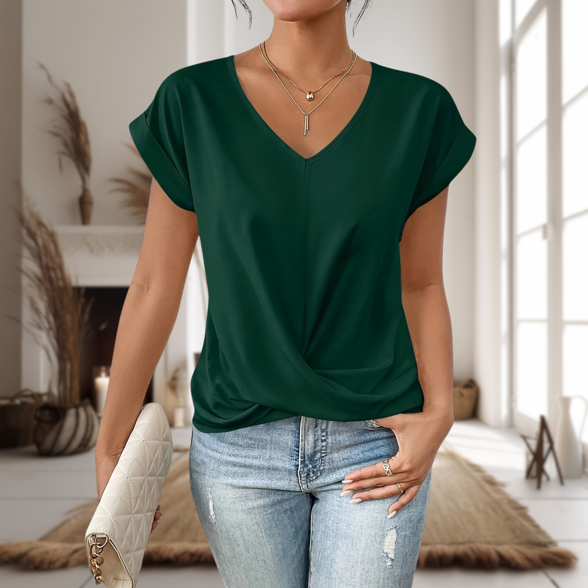 Cruzada Urbana | Blusa de Manga Corta Mujer Cuello en V Dobladillo Cruzado