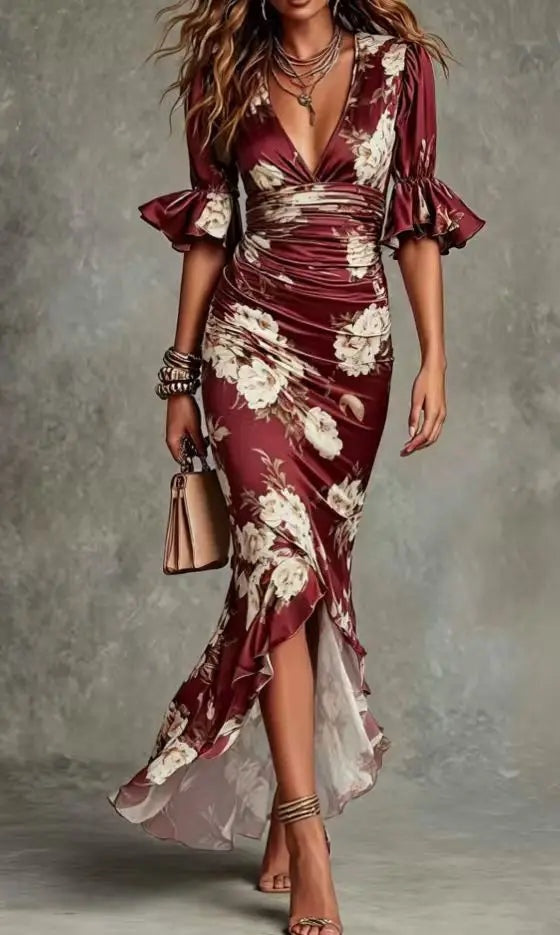 Vestido Lencero Largo Floral con Escote V y Volantes