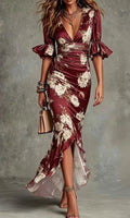 Vestido Lencero Largo Floral con Escote V y Volantes