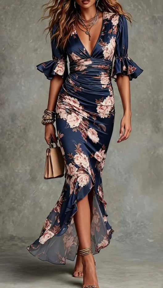Vestido Lencero Largo Floral con Escote V y Volantes