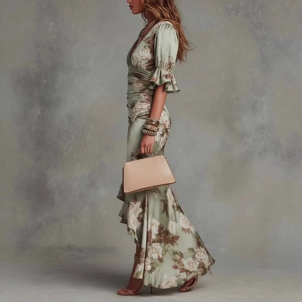 Vestido Lencero Largo Floral con Escote V y Volantes