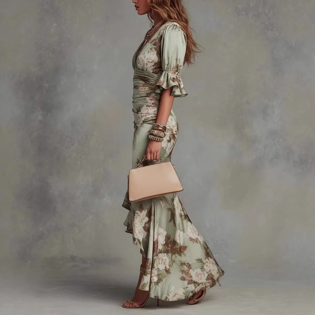 Vestido Lencero Largo Floral con Escote V y Volantes