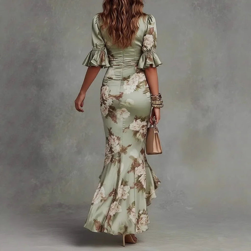 Vestido Lencero Largo Floral con Escote V y Volantes