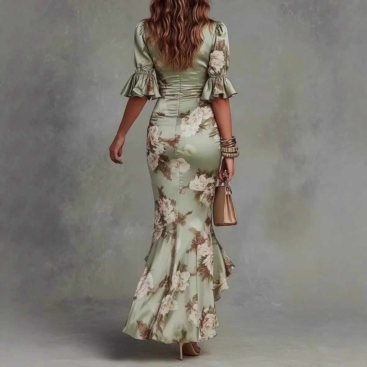 Vestido Lencero Largo Floral con Escote V y Volantes