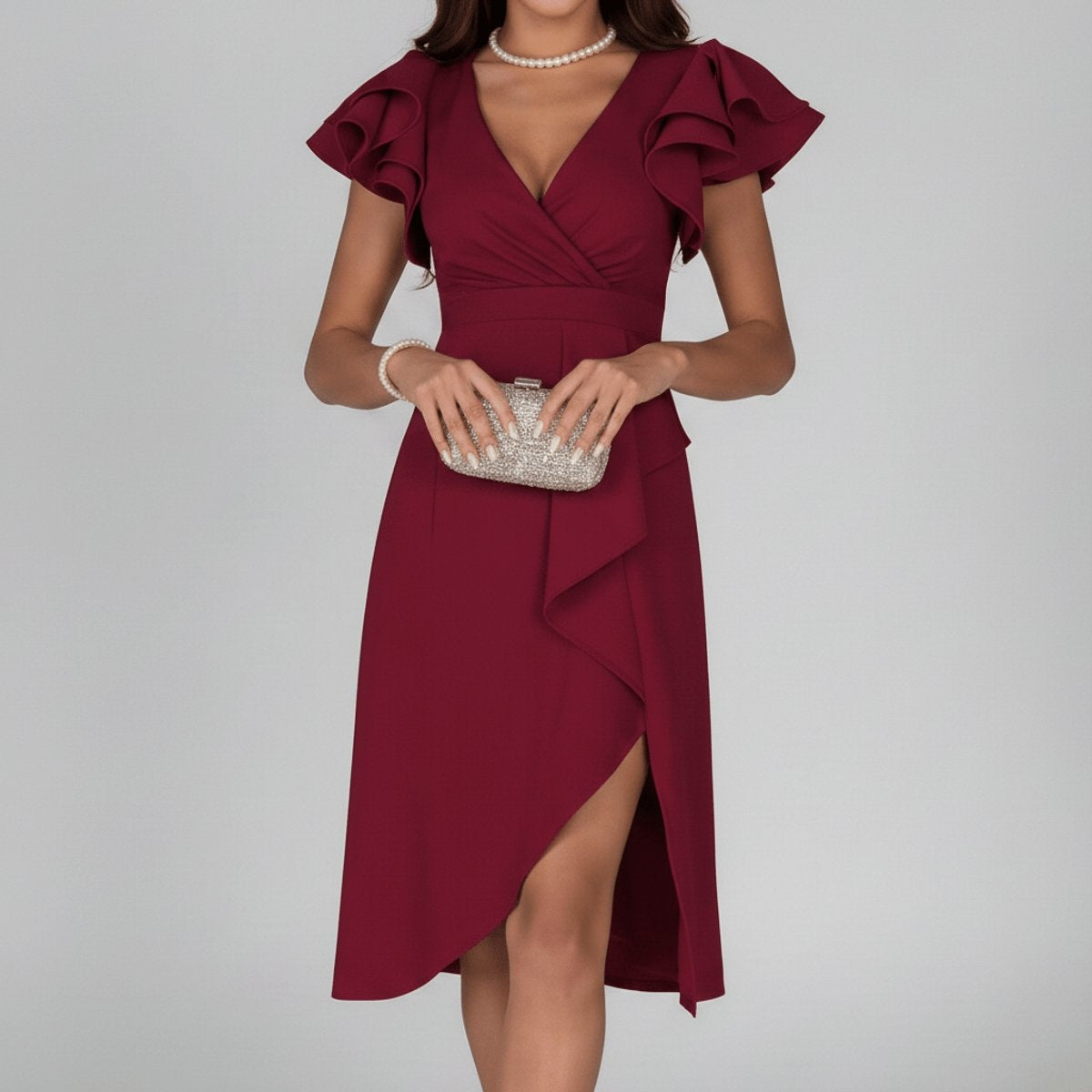 Vestido de Invitada Otoño con Volantes Escote Asimétrico