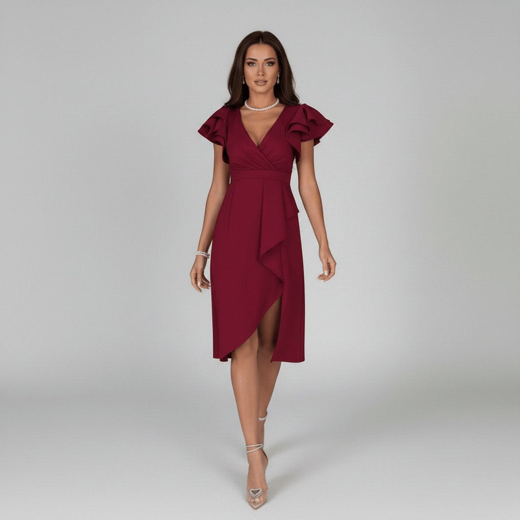 Vestido de Invitada Otoño con Volantes Escote Asimétrico