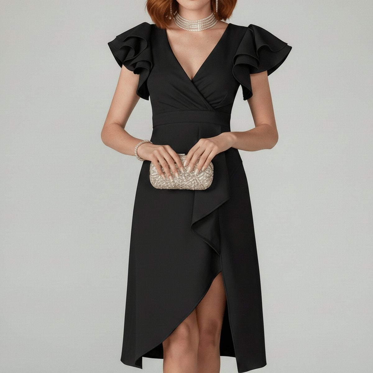 Vestido de Invitada Otoño con Volantes Escote Asimétrico