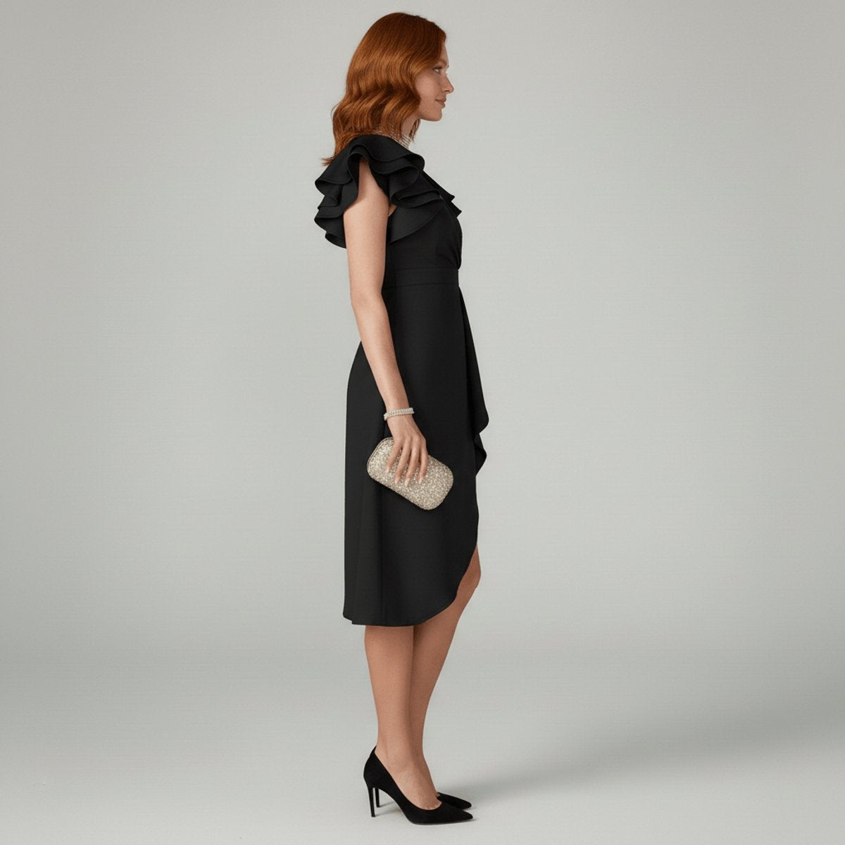 Vestido de Invitada Otoño con Volantes Escote Asimétrico