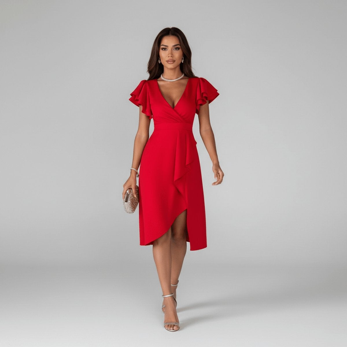 Vestido de Invitada Otoño con Volantes Escote Asimétrico