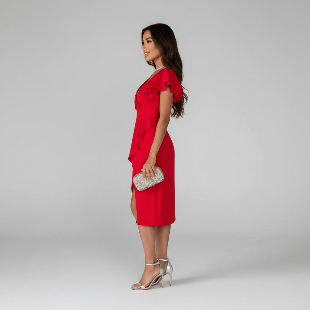 Vestido de Invitada Otoño con Volantes Escote Asimétrico