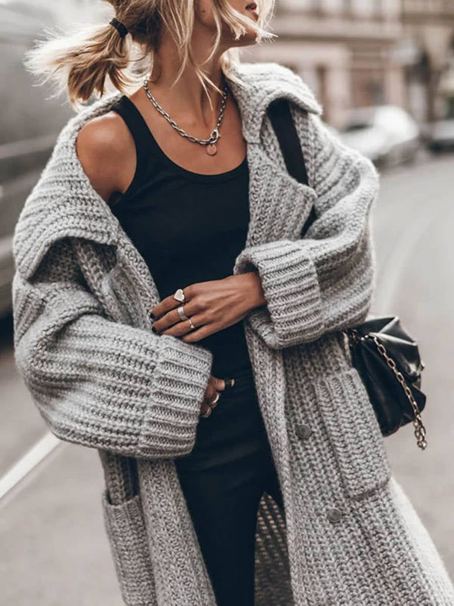 Eva | Cárdigan Largo Oversize de Punto Grueso Mujer Solapas