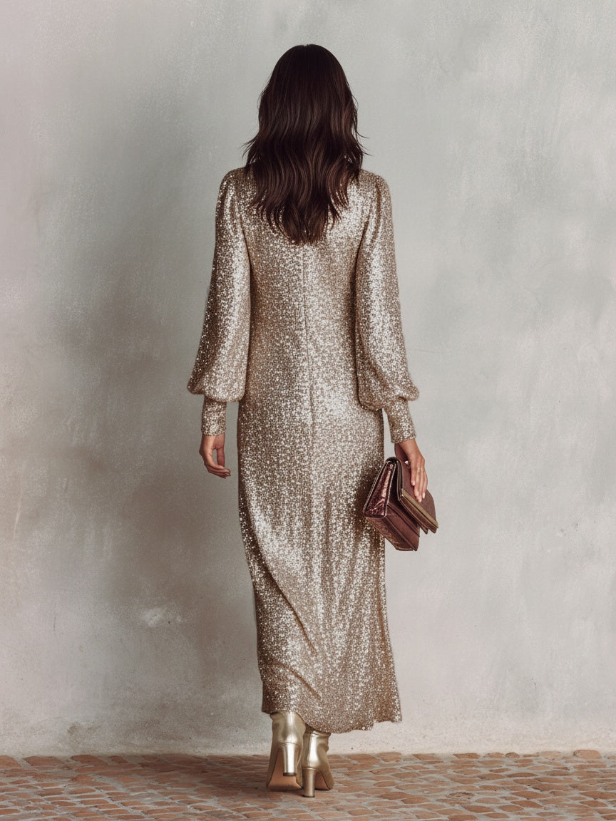 Vestido de Fiesta Largo con Lentejuelas y Escote en V