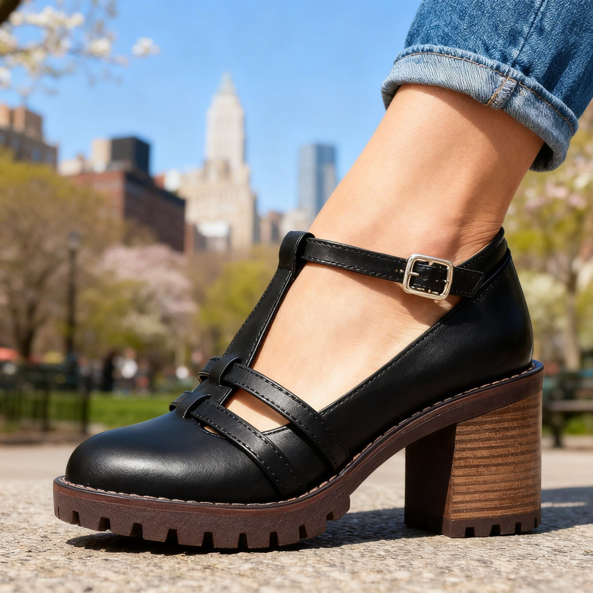 Zapatos de Tacón Bloque T-Strap con Suela Gruesa para Mujer