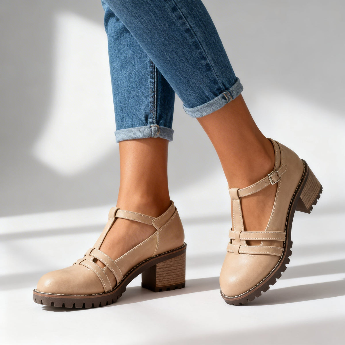 Zapatos de Tacón Bloque T-Strap con Suela Gruesa para Mujer