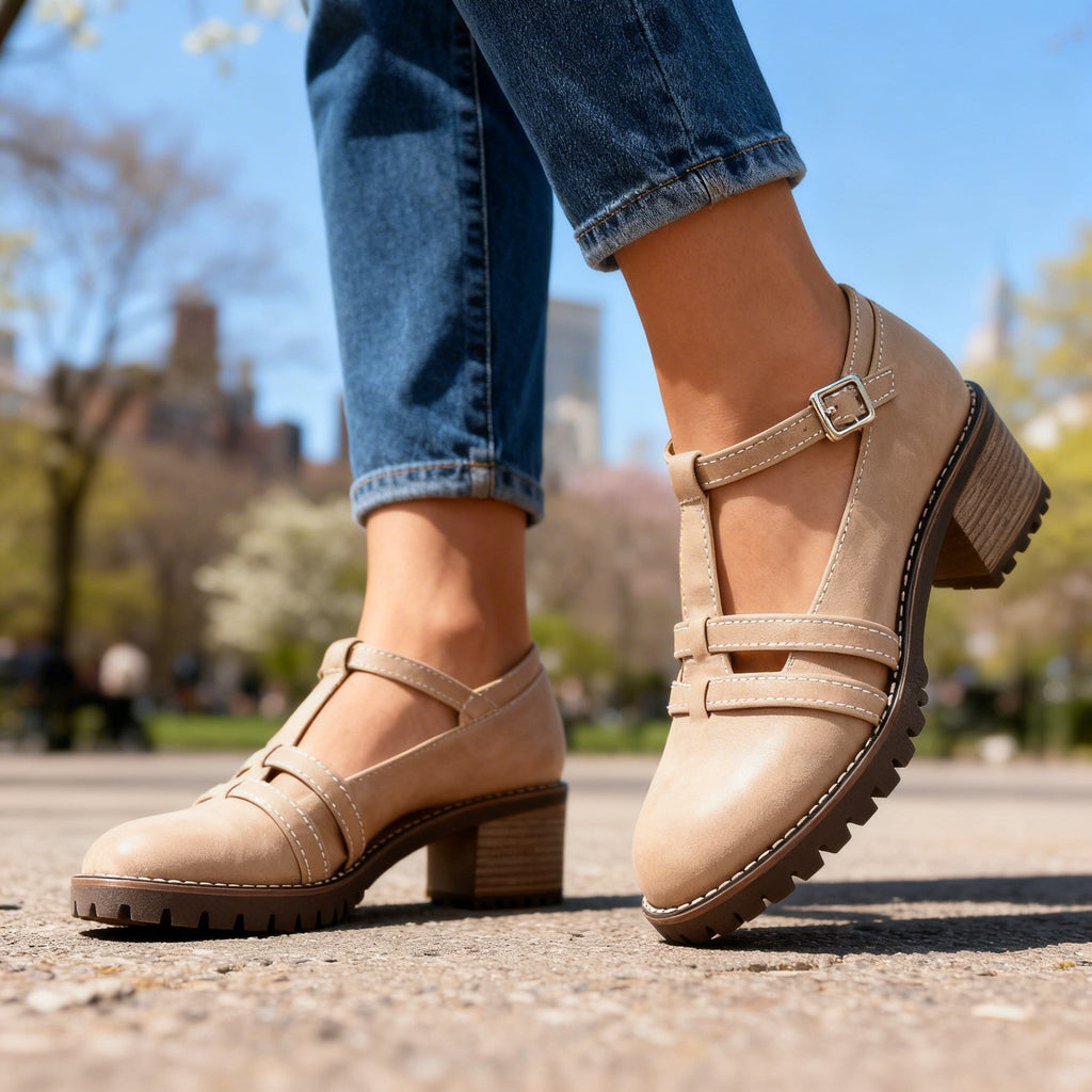 Zapatos de Tacón Bloque T-Strap con Suela Gruesa para Mujer