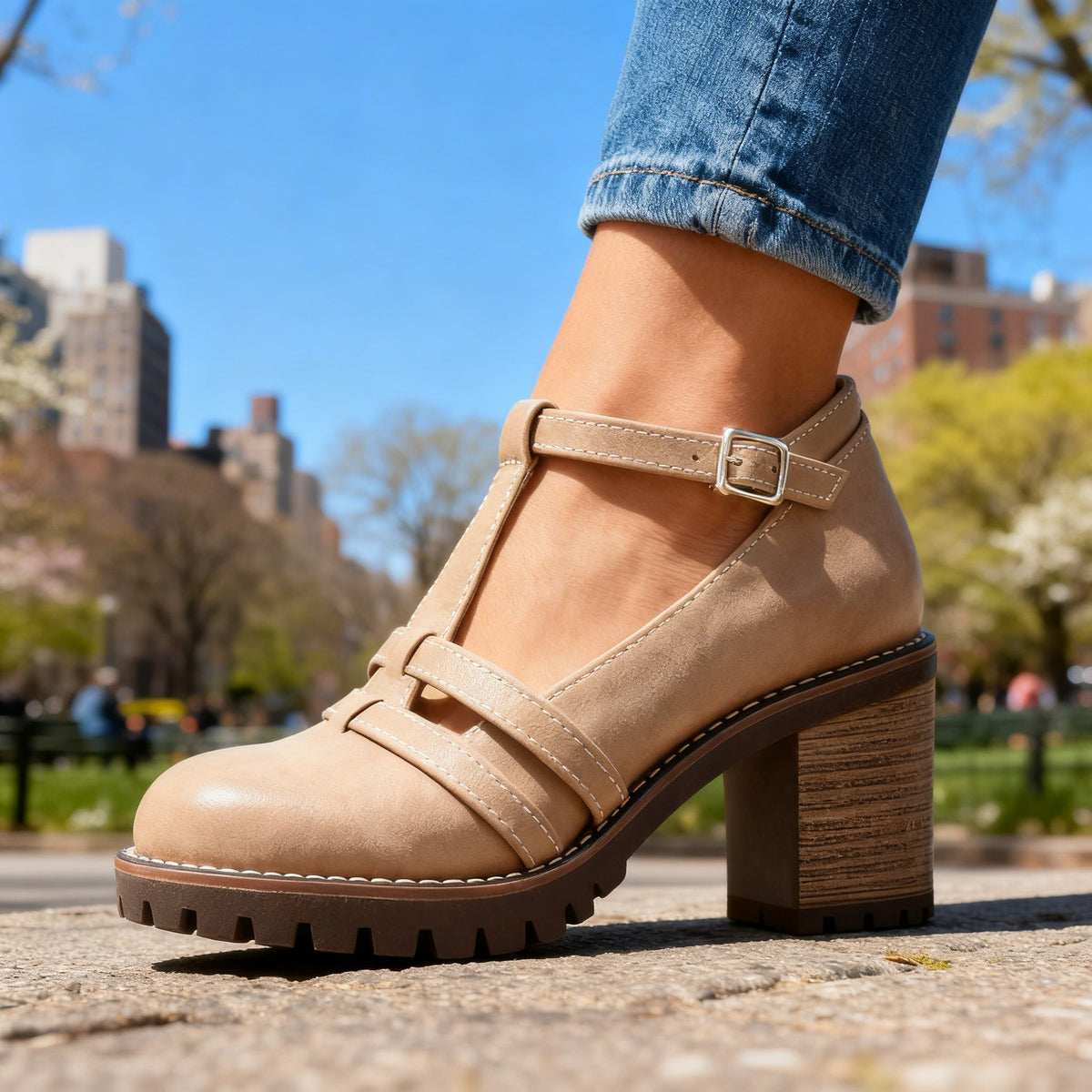 Zapatos de Tacón Bloque T-Strap con Suela Gruesa para Mujer