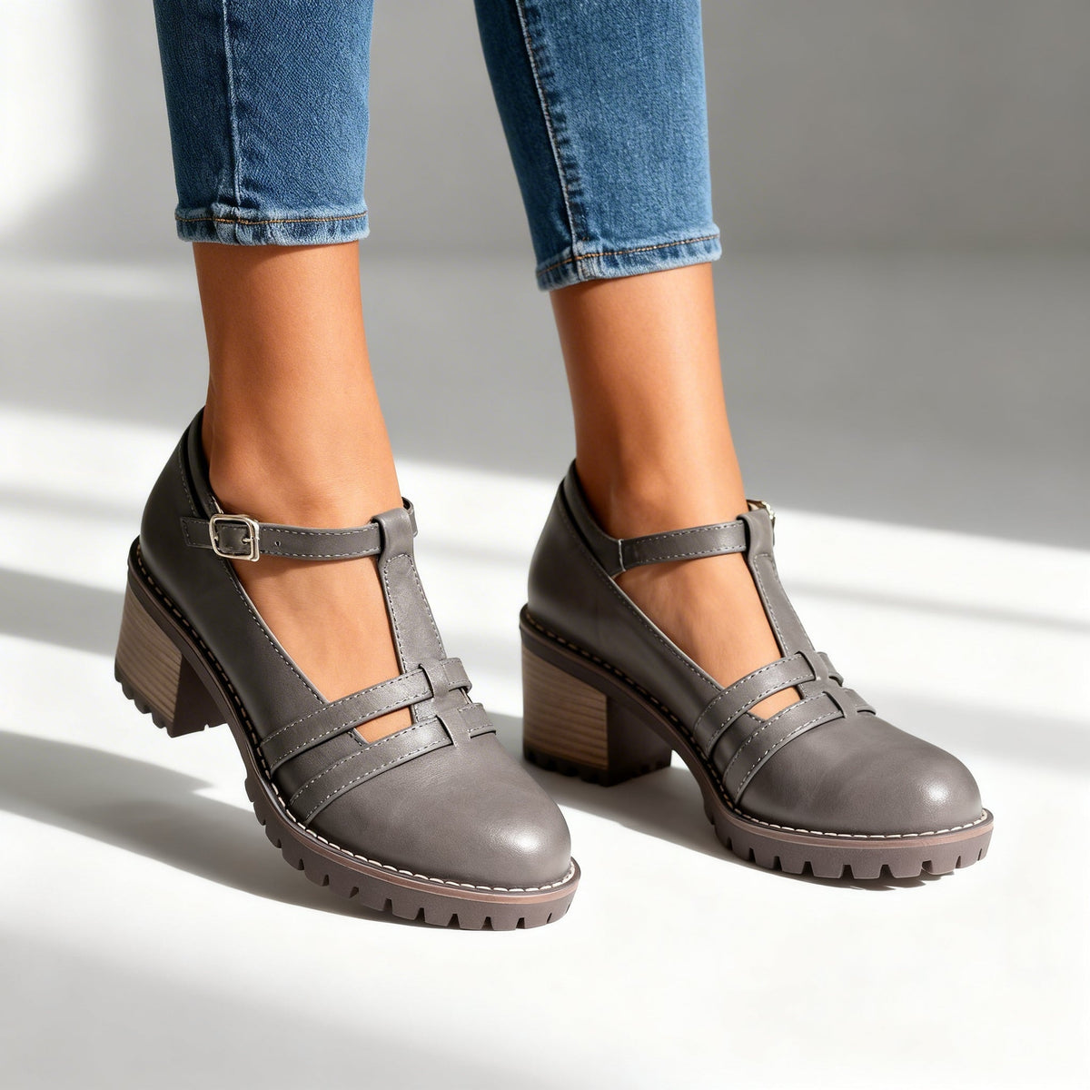 Zapatos de Tacón Bloque T-Strap con Suela Gruesa para Mujer