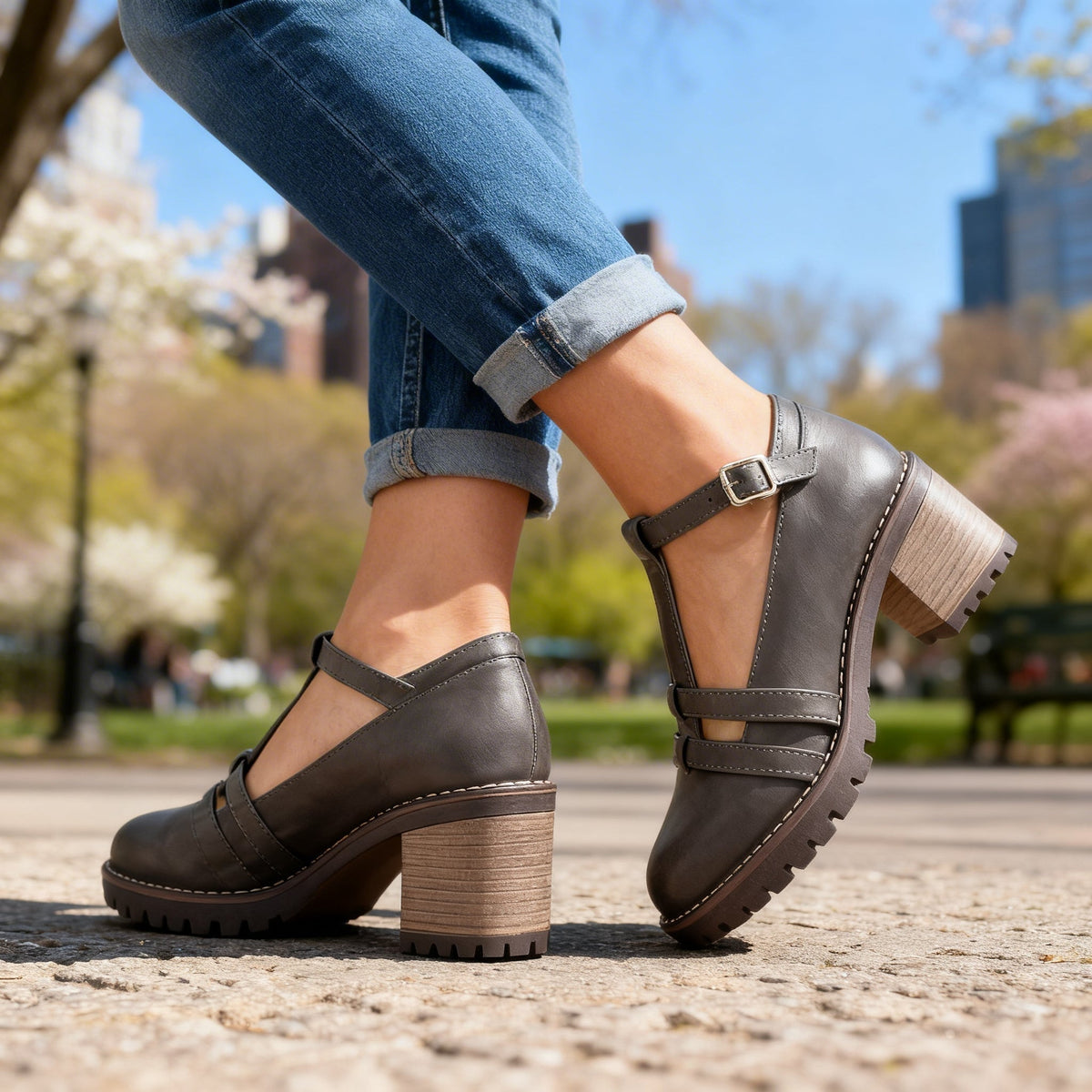 Zapatos de Tacón Bloque T-Strap con Suela Gruesa para Mujer